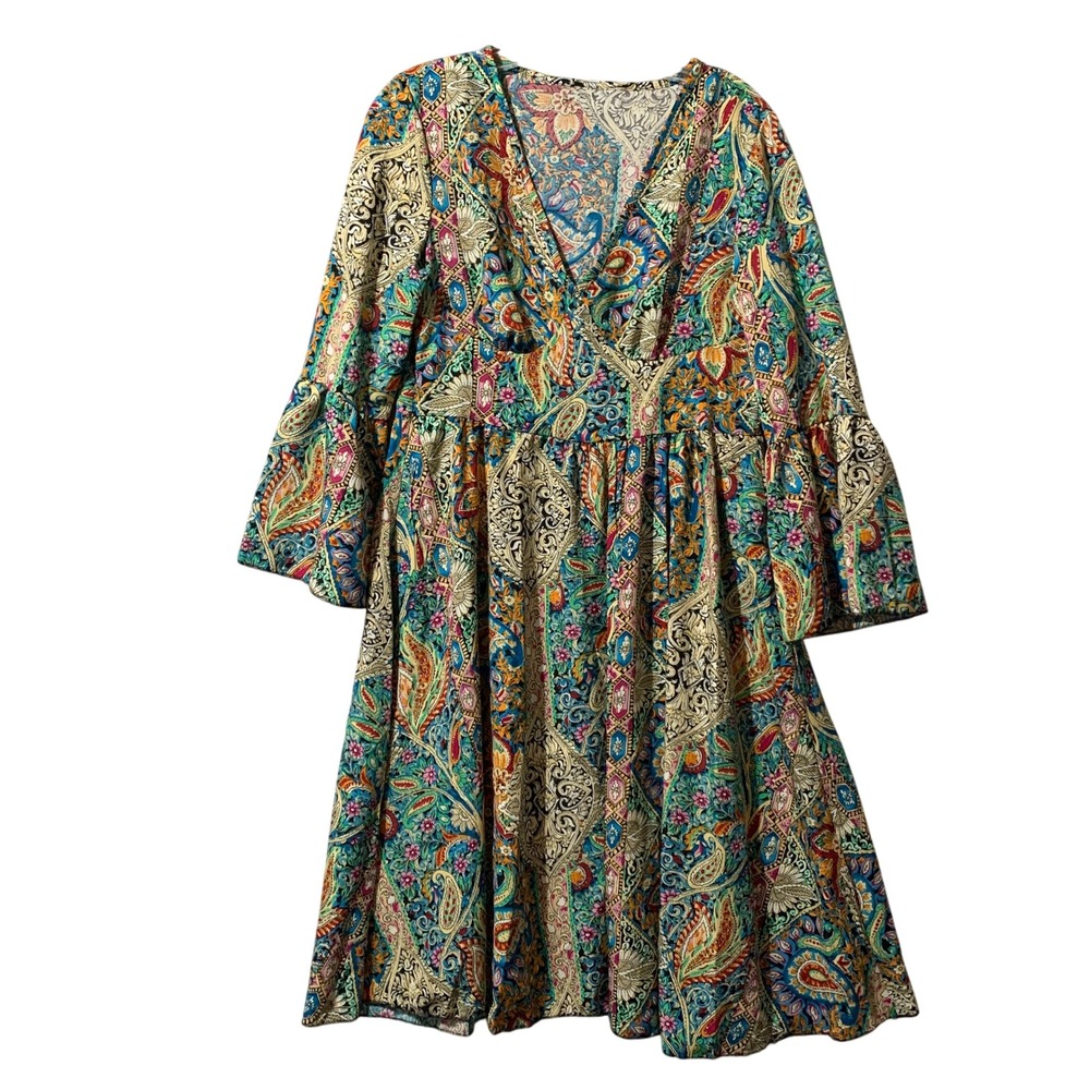 Boho Paisley Patchwork Bell Sleeve V-Neck Midi Dress Multicolor Size M Milkmaid